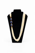 Blue gemstone with white rice pearls necklace